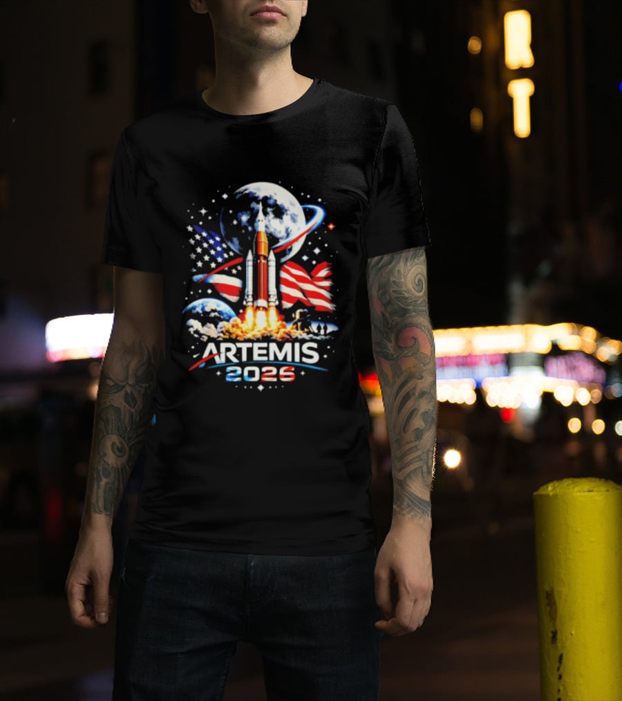 Artemis 2025 Rocket Launch USA Flag Moon Exploration T-Shirt
