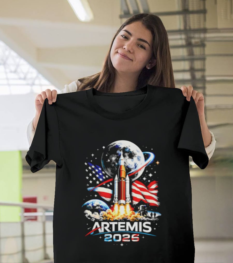 Artemis 2026 Moon Mission American Rocket Launch With Flag And Stars T-Shirt