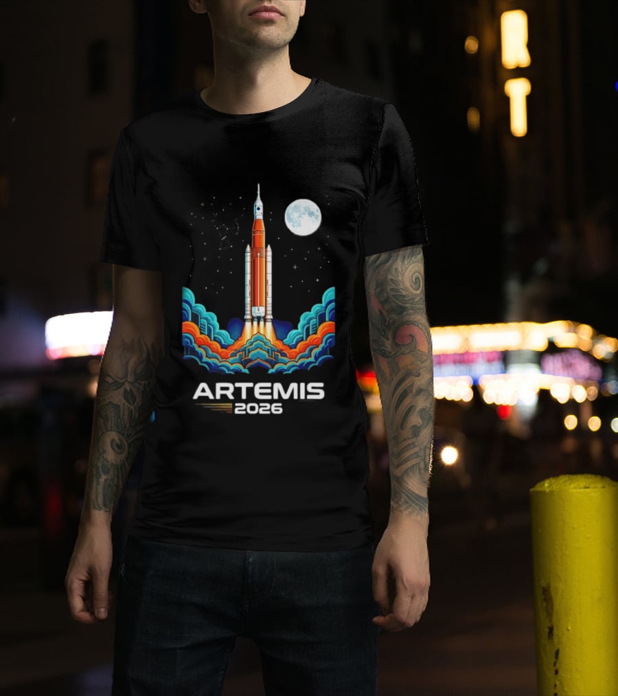 Artemis 2026 Moon Mission Rocket Launch With Vibrant Waves And Full Moon T-Shirt