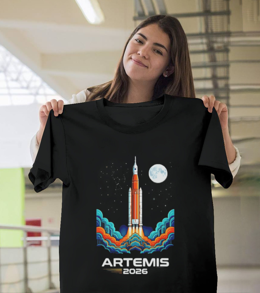 Artemis 2026 Moon Mission Rocket Launch With Vibrant Waves And Full Moon T-Shirt