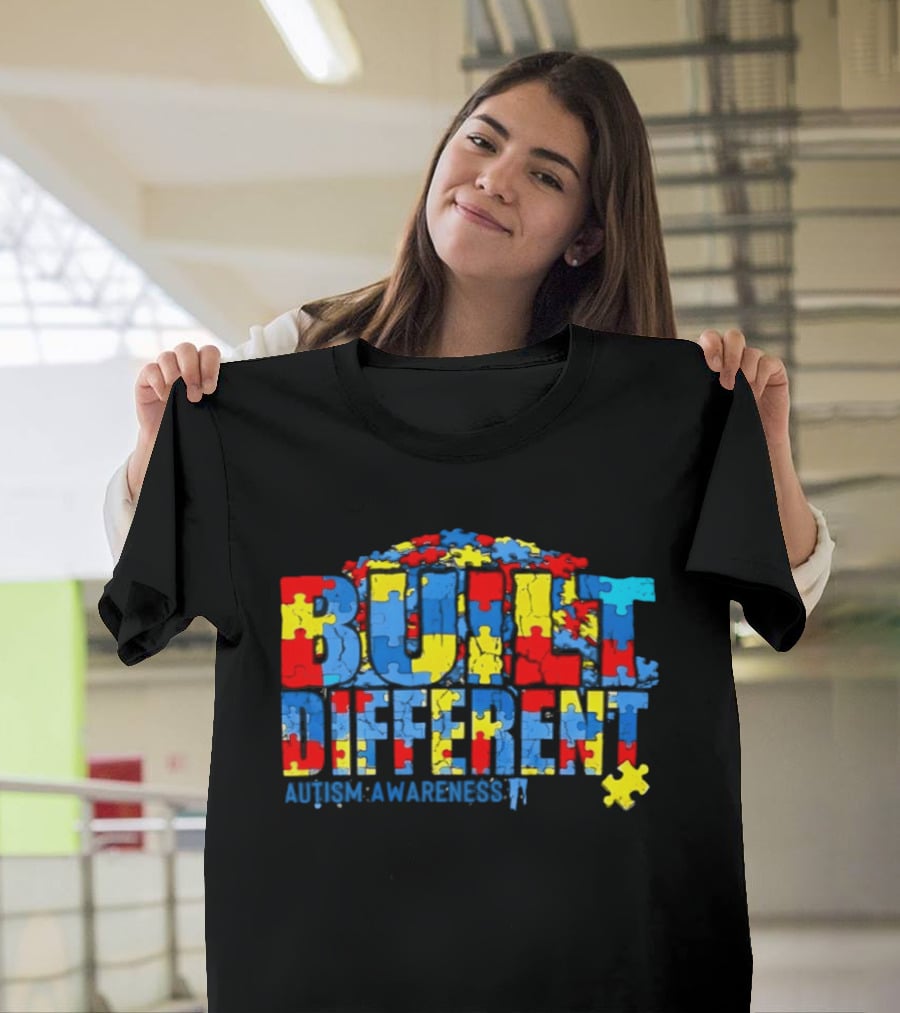 Built Different Autism Awareness Puzzle Piece Multicolor T-Shirt