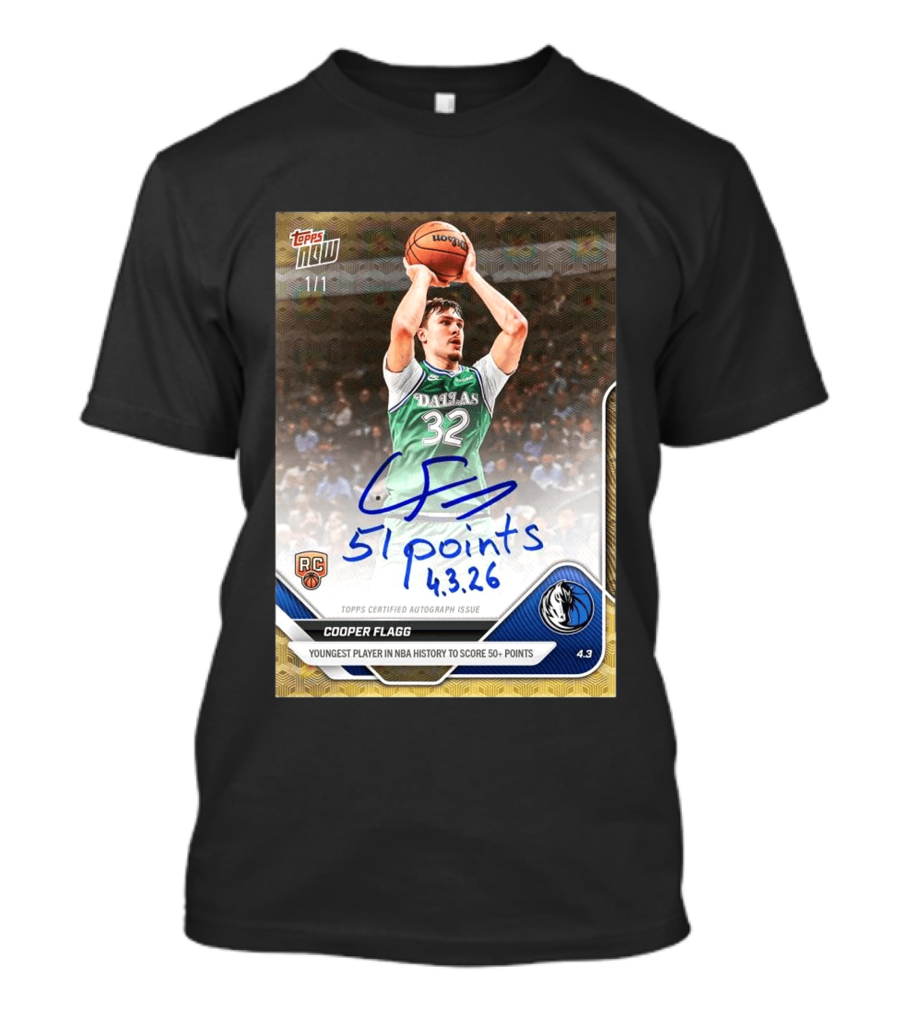 Topps Now Cooper Flagg 51 Points Youngest NBA History Dallas Mavericks Rookie Card T-Shirt