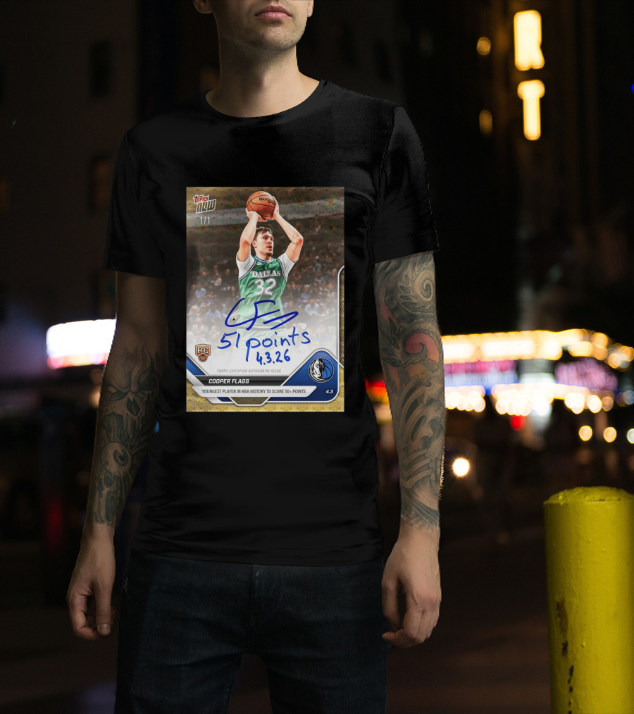 Topps Now Cooper Flagg 51 Points Youngest NBA History Dallas Mavericks Rookie Card T-Shirt