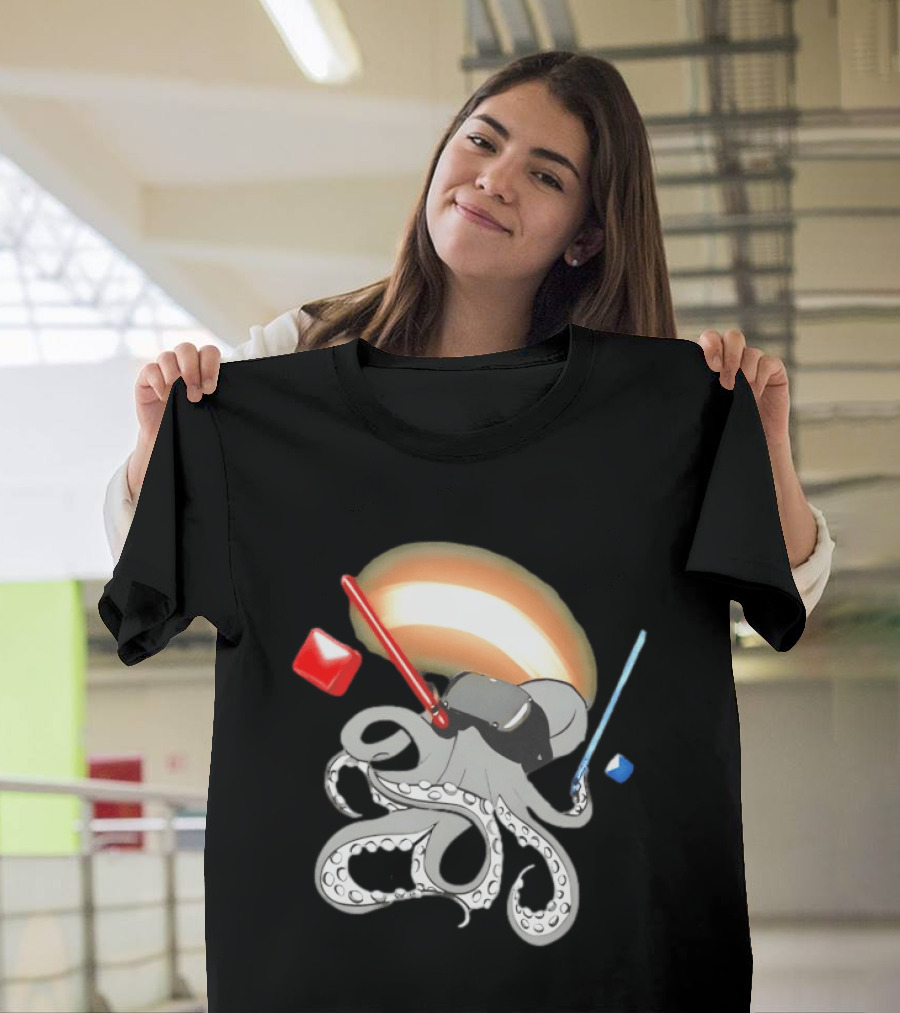 VR Headset Octopus With Red Blue Lightsabers T-Shirt