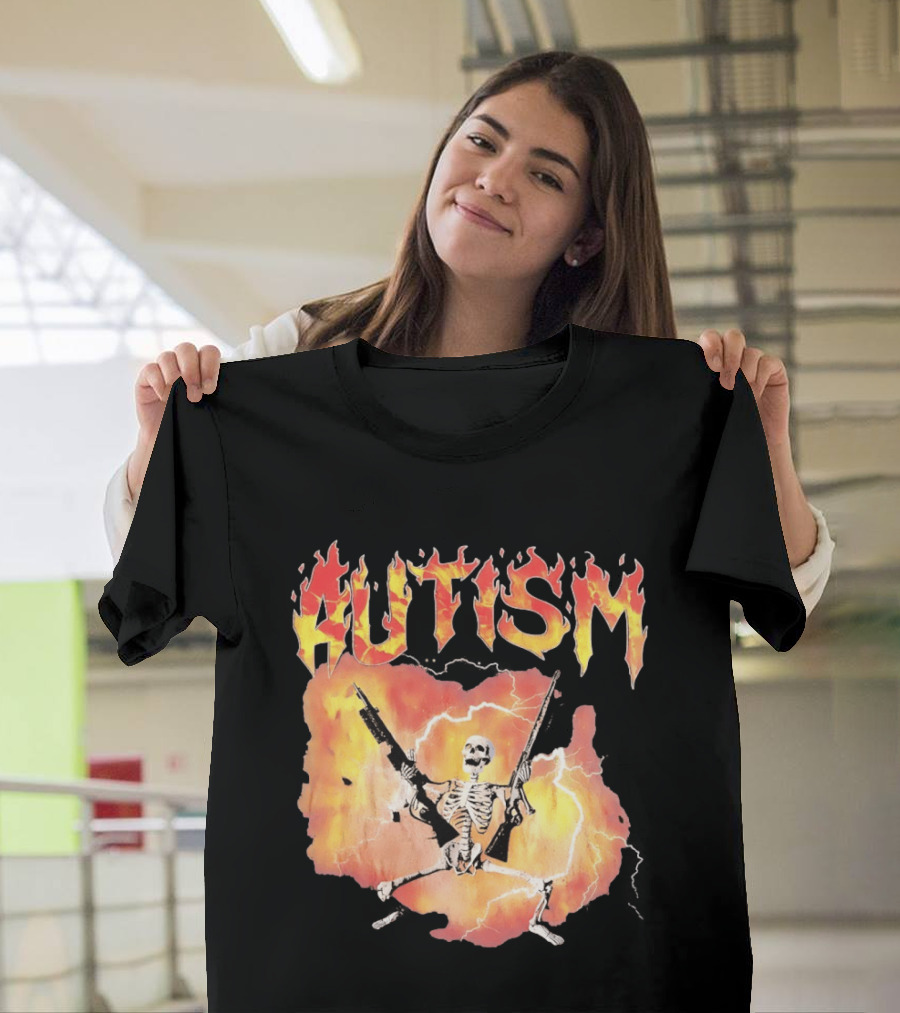 Autism Flaming Skeleton Meme Guns Edgy Fire T-Shirt