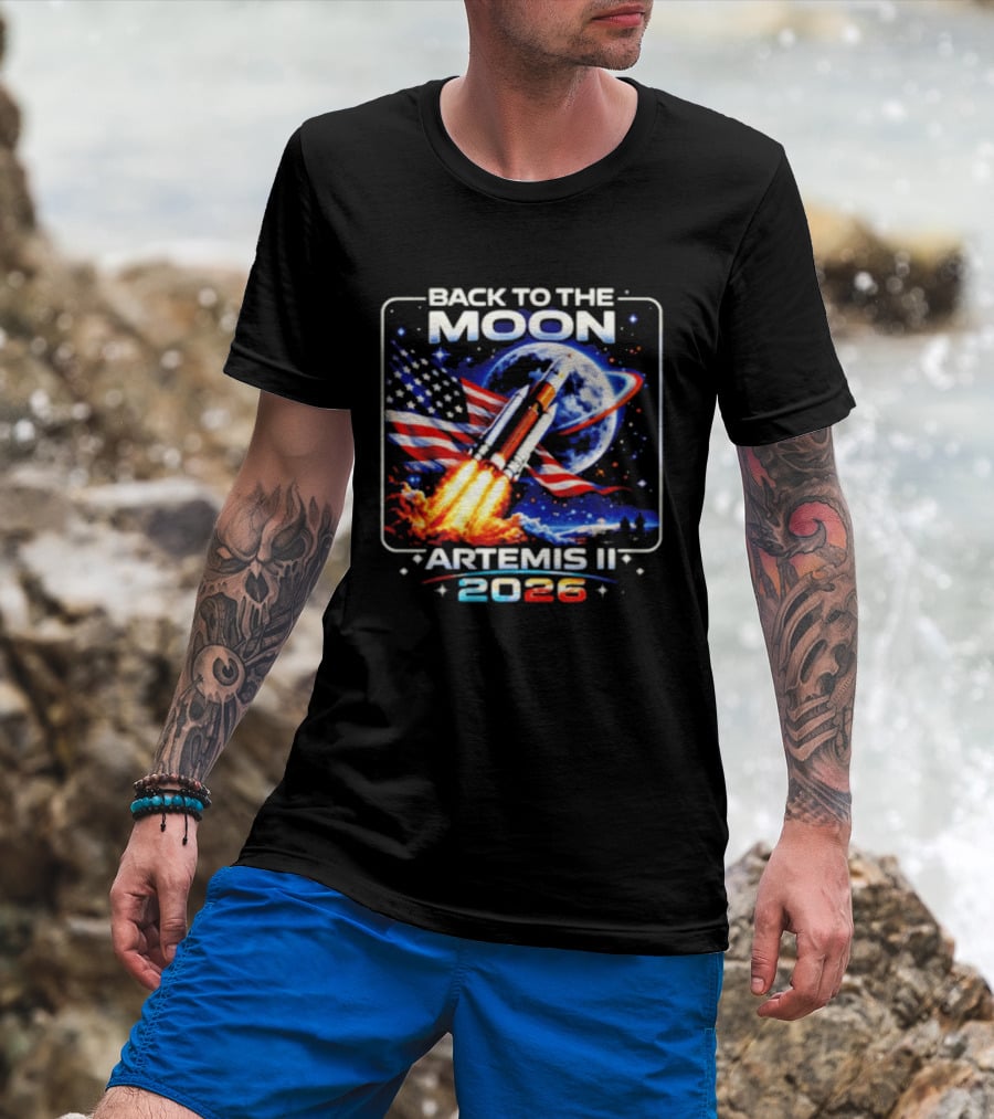 Back To The Moon Artemis II 2026 Rocket Launch Space Mission USA Flag T-Shirt