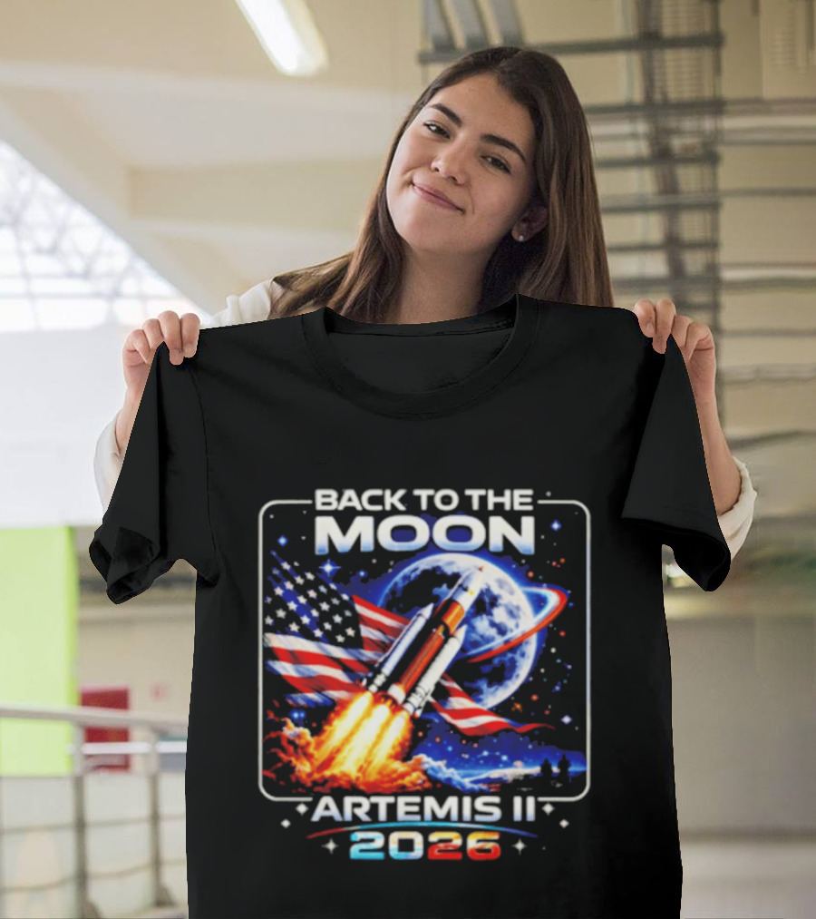 Back To The Moon Artemis II 2026 Rocket Launch Space Mission USA Flag T-Shirt
