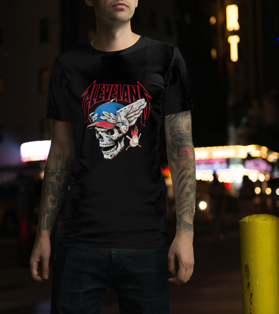 Cleveland Skull Flames Winged Helmet Baseball Bat And Ball T-Shirt