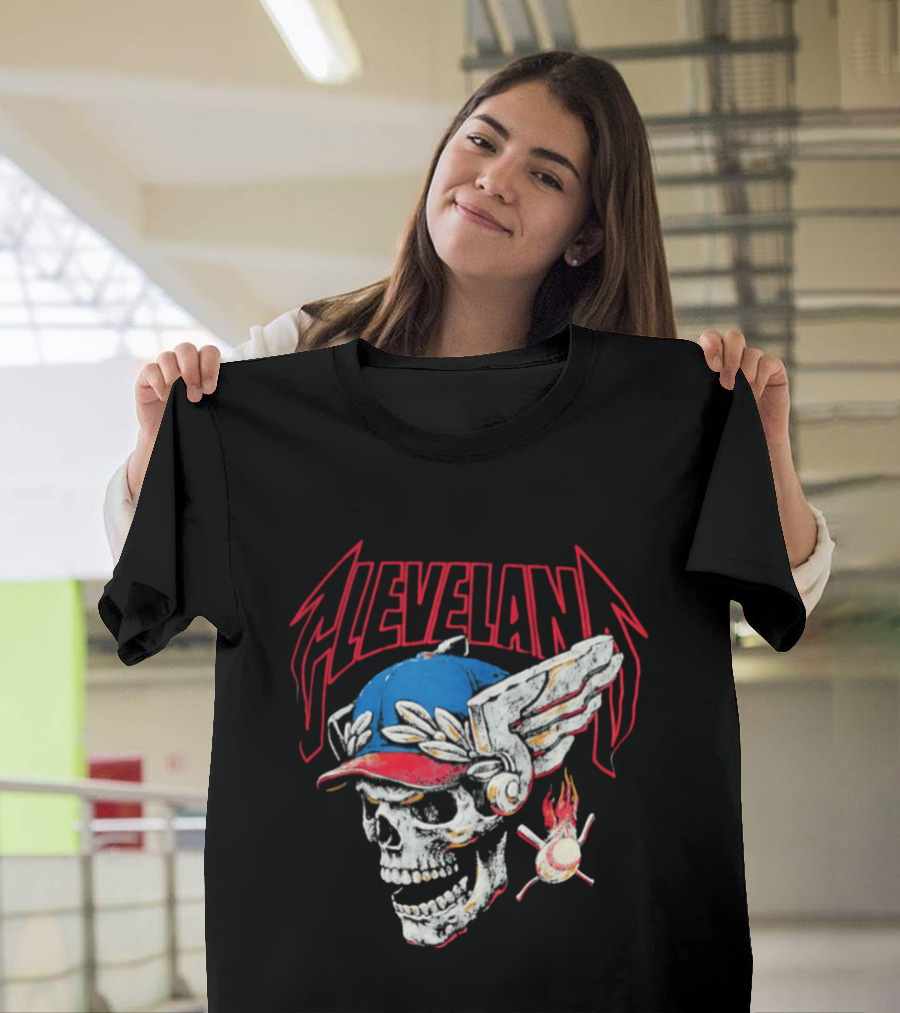 Cleveland Skull Flames Winged Helmet Baseball Bat and Ball T-Shirt