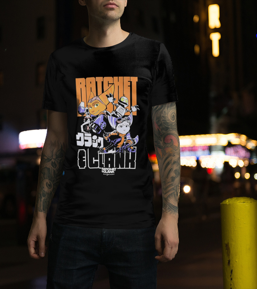Ratchet And Clank Characters Orange And White Illustration With Japanese T-Shirt