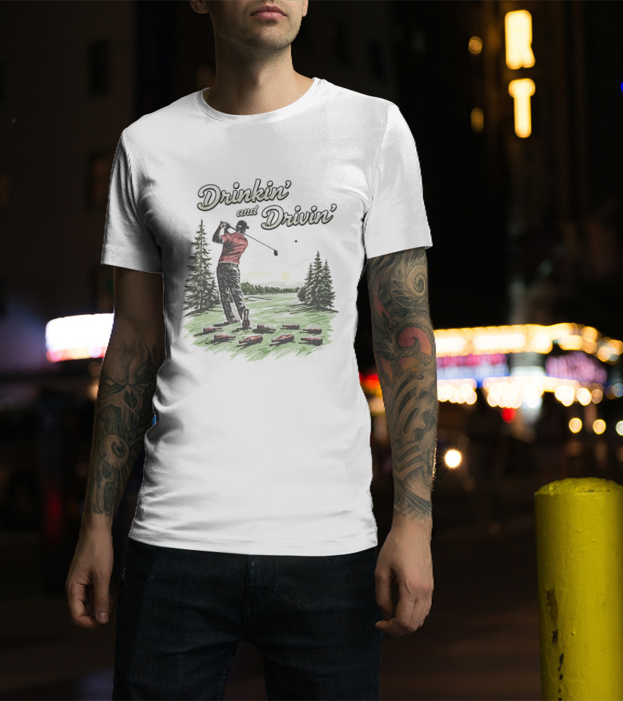 Drinkin' And Drivin' Man Playing Golf With Sunset And Trees T-Shirt