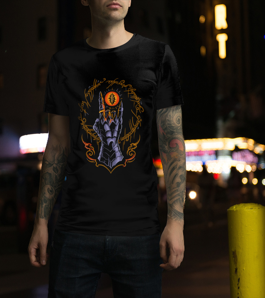 The Cursed One Heavy Metal Sauron Hand And Eye Icon With Elvish Script T-Shirt