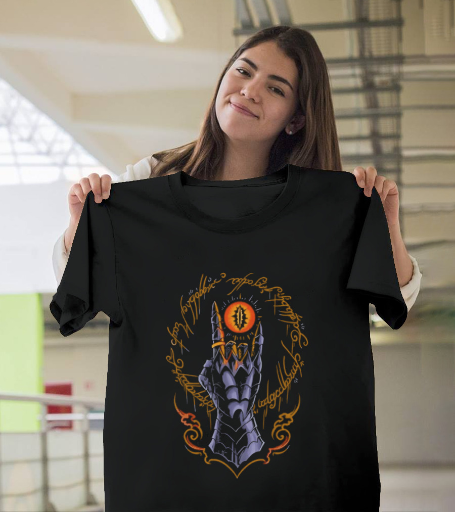 The Cursed One Heavy Metal Sauron Hand And Eye Icon With Elvish Script T-Shirt