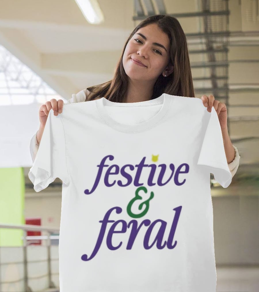 Festive And Feral Cat Head Antlers Text Holiday T-Shirt