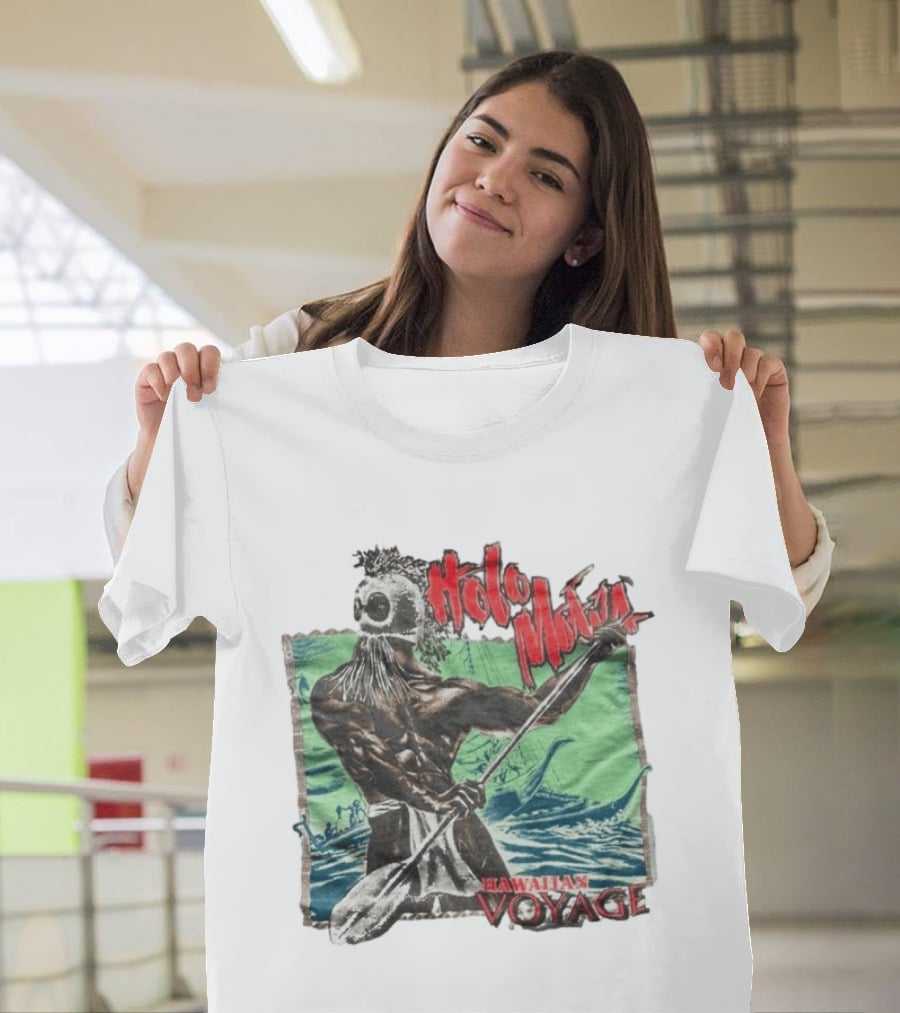 Holo Moana Hawaiian Voyage Paddler With Tribal Mask And Canoe Scene T-Shirt