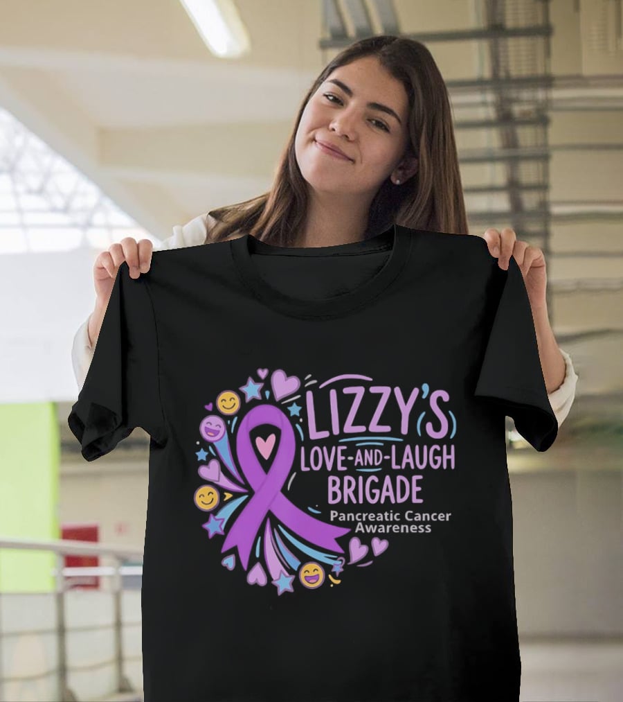 Lizzy's Love And Laugh Brigade Pancreatic Cancer Awareness Purple Ribbon Hearts And Smiles T-Shirt