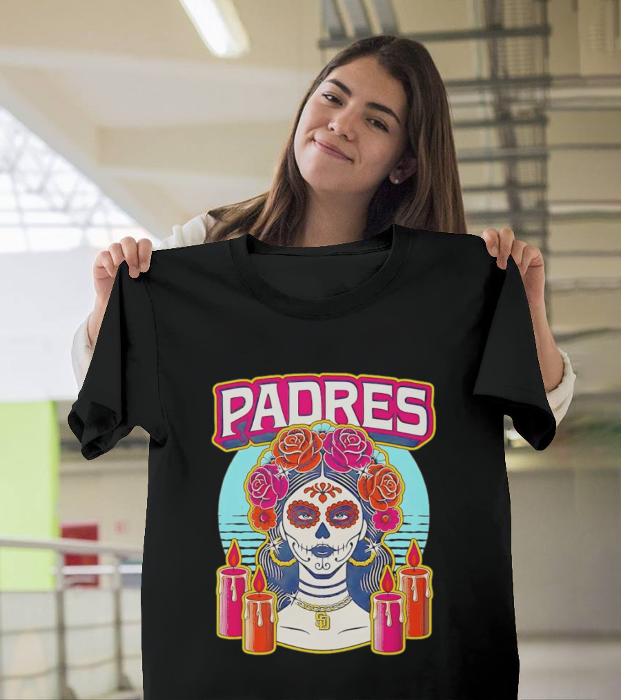 San Diego Padres La Catrina Dia De Los Muertos Candles And Flowers T-Shirt