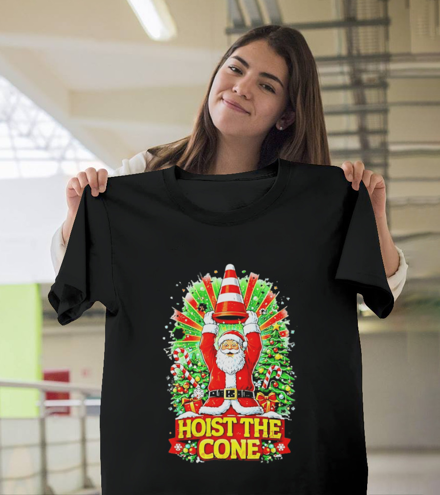 Santa Hoist The Cone Christmas Lights Tree Candy Canes T-Shirt