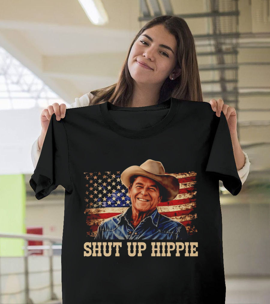 Shut Up Hippie Ronald Reagan Cowboy Hat American Flag T-Shirt
