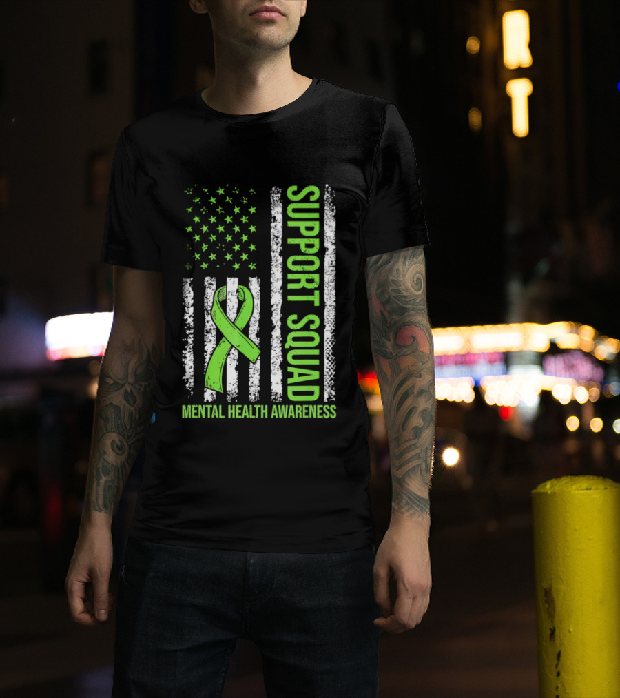 Support Squad US Flag Green Ribbon Mental Health Awareness T-Shirt