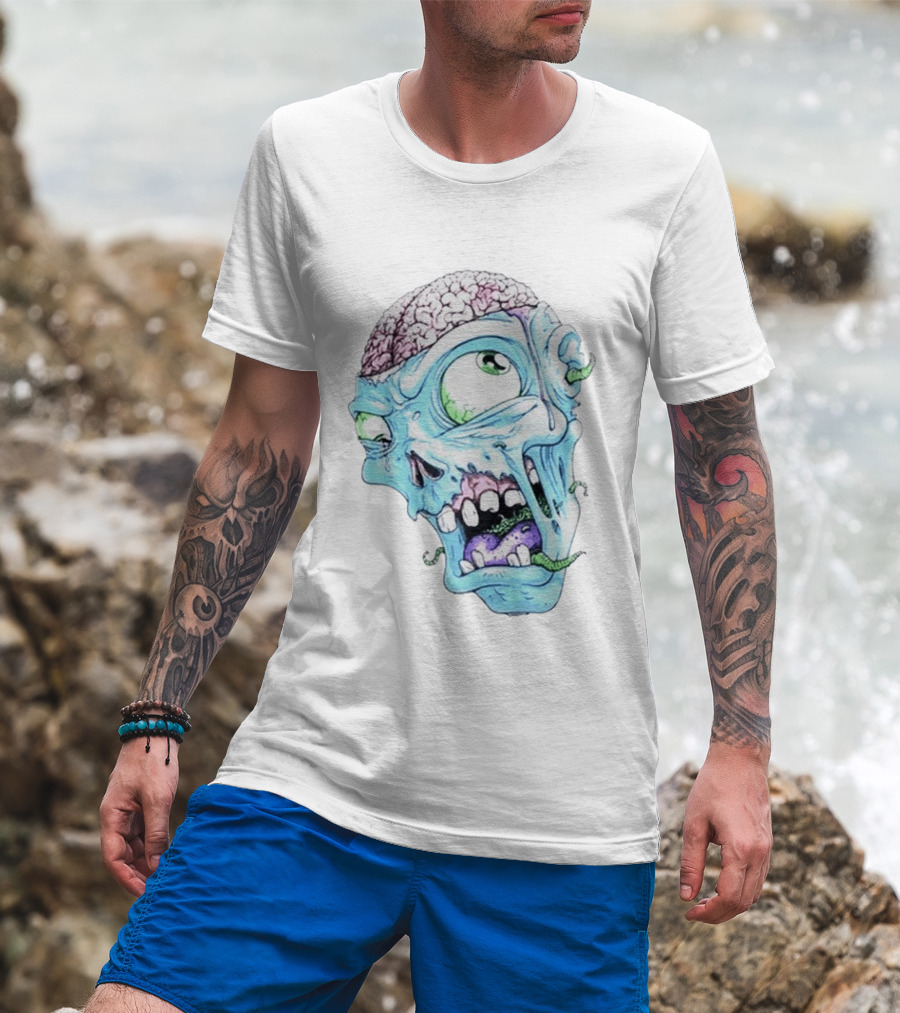 Annoyed Monster Head Zombie Skull Illustration With Exposed Brain And Worms T-Shirt