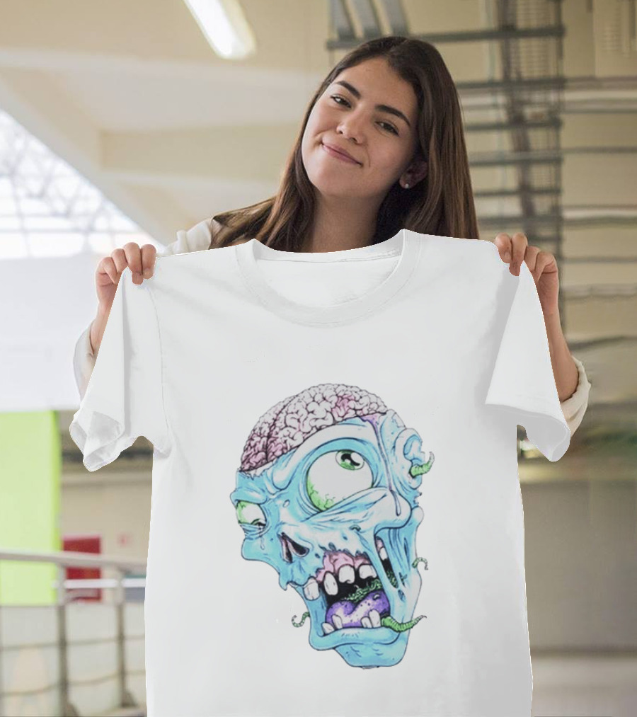 Annoyed Monster Head Zombie Skull Illustration With Exposed Brain And Worms T-Shirt