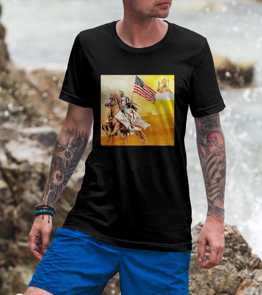 Donald Trump Crusader Knight With American Flag Riding Horse T-Shirt