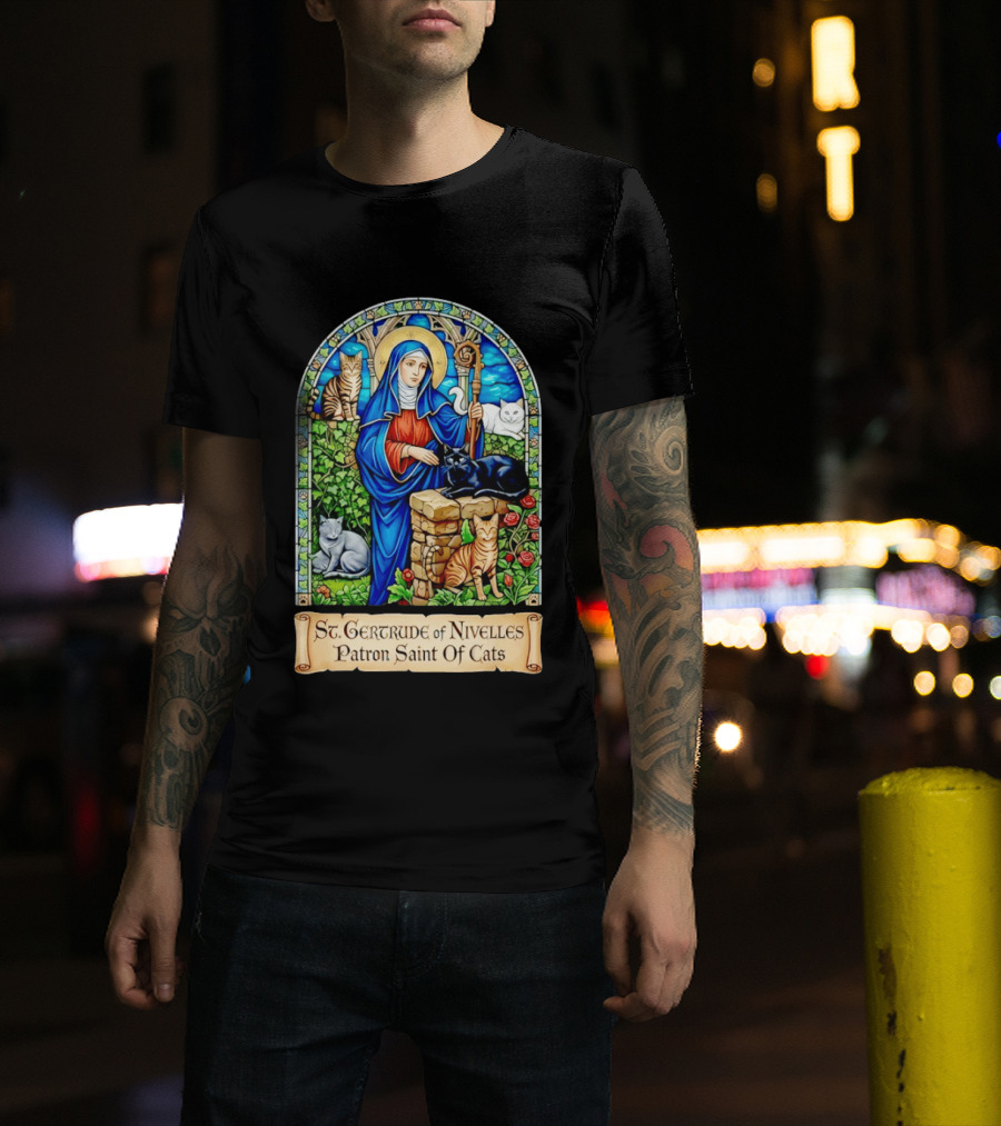 St. Gertrude Of Nivelles Patron Saint Of Cats Iconic Stained Glass Cat T-Shirt