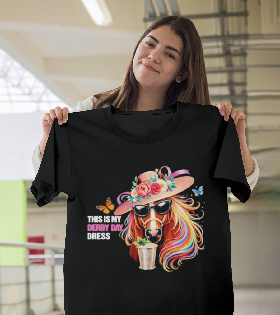 This Is My Derby Day Dress Horse Racing Party Butterfly Rainbow Hat Floral Cocktail T-Shirt