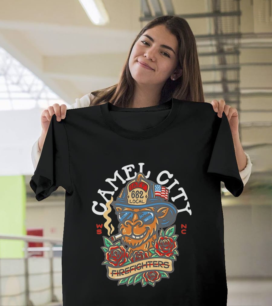 Camel City Local 682 Firefighters Smoking Camel With Roses USA Flag WS NC T-Shirt