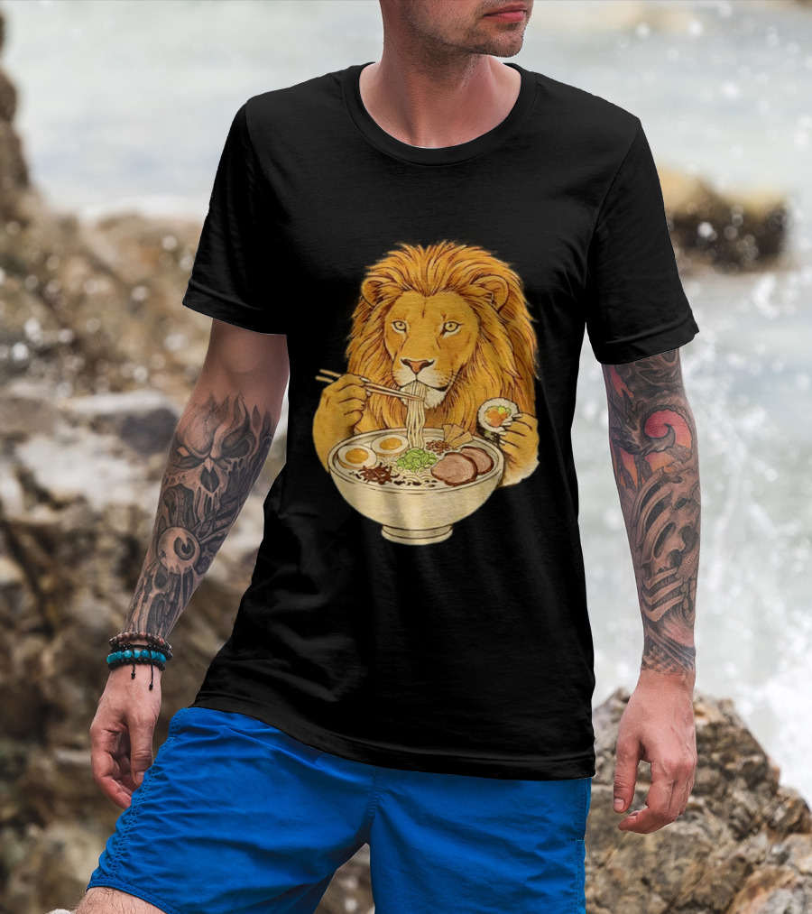 King Lion Eating Ramen Noodles With Sushi Meme T-Shirt