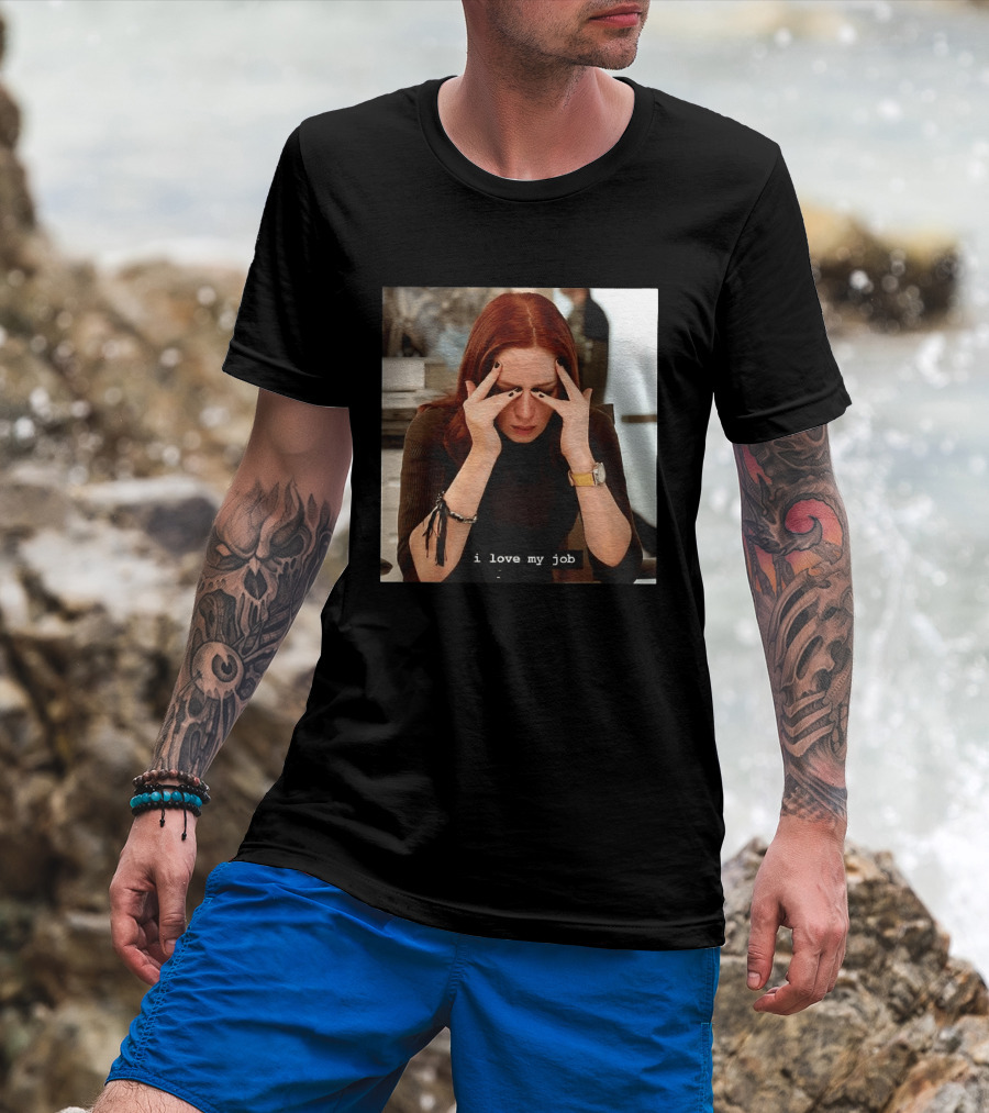 I Love My Job Stressed Woman With Red Hair Black Nails Yellow T-Shirt