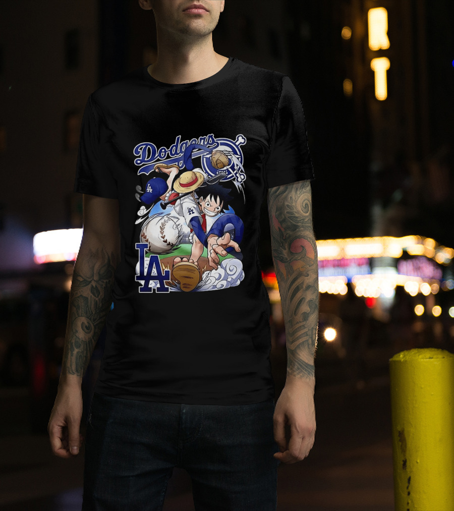Luffy Los Angeles Dodgers One Piece Anime Crossover MLB Collaboration T-Shirt