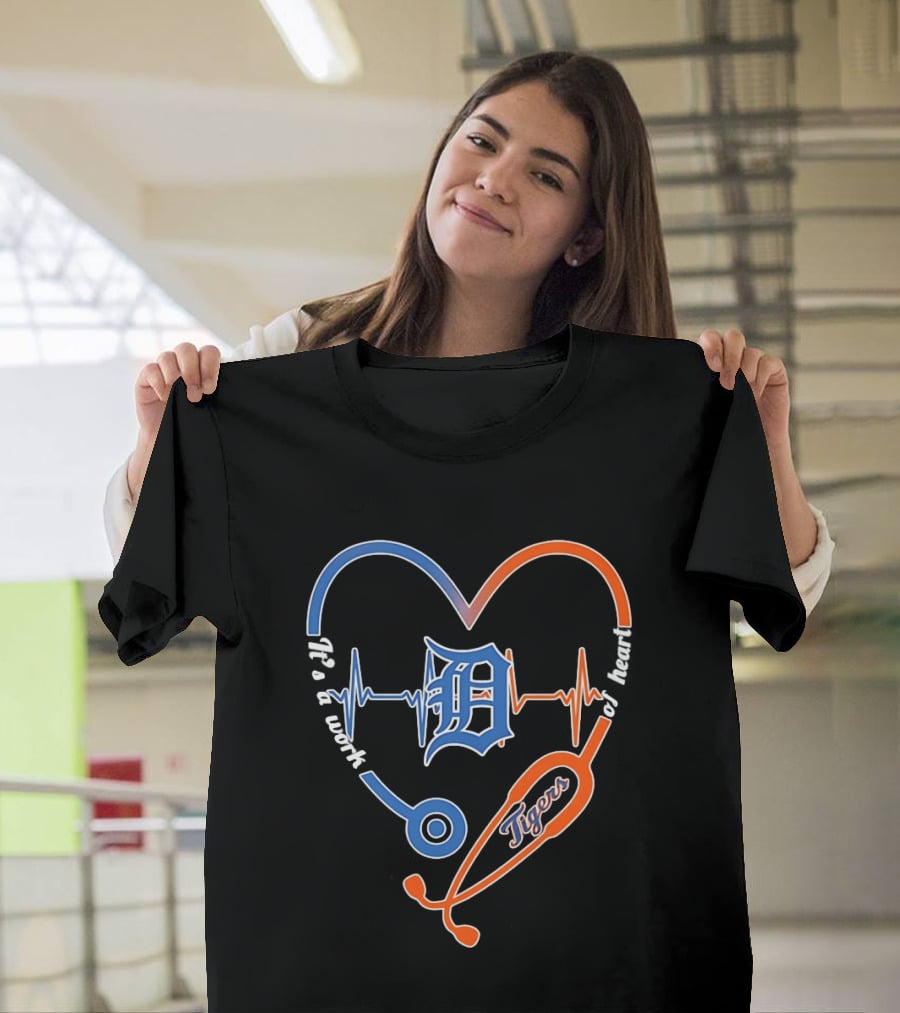 Detroit Tigers Heartbeat Stethoscope Work Of Heart T-Shirt