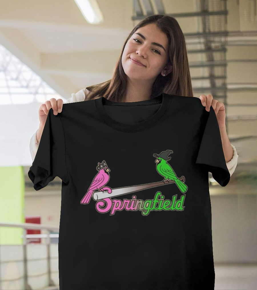 Springfield Cardinals Pink And Green Birds With Crown And Witch Hat Baseball Bat T-Shirt