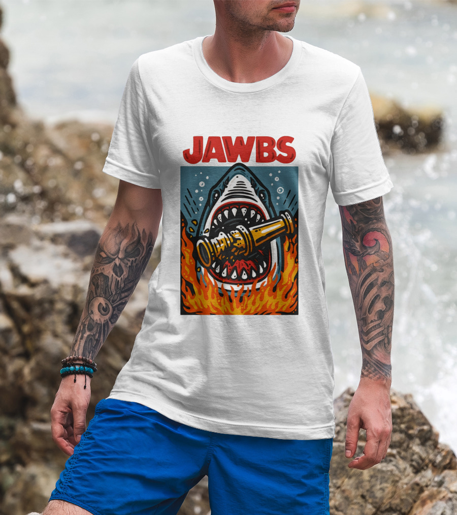 JAWS Jawbs Shark Biting Fire Hose Surrounded By Flames T-Shirt