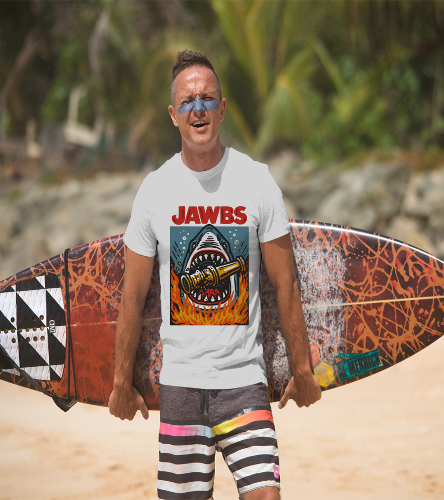 JAWS Jawbs Shark Biting Fire Hose Surrounded By Flames T-Shirt