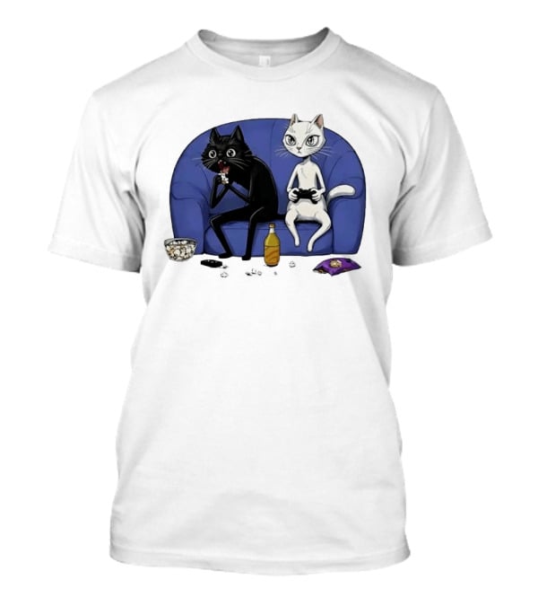 Two Cats One Couch Endless Fun Playing Games With Snacks And Popcorn T-Shirt