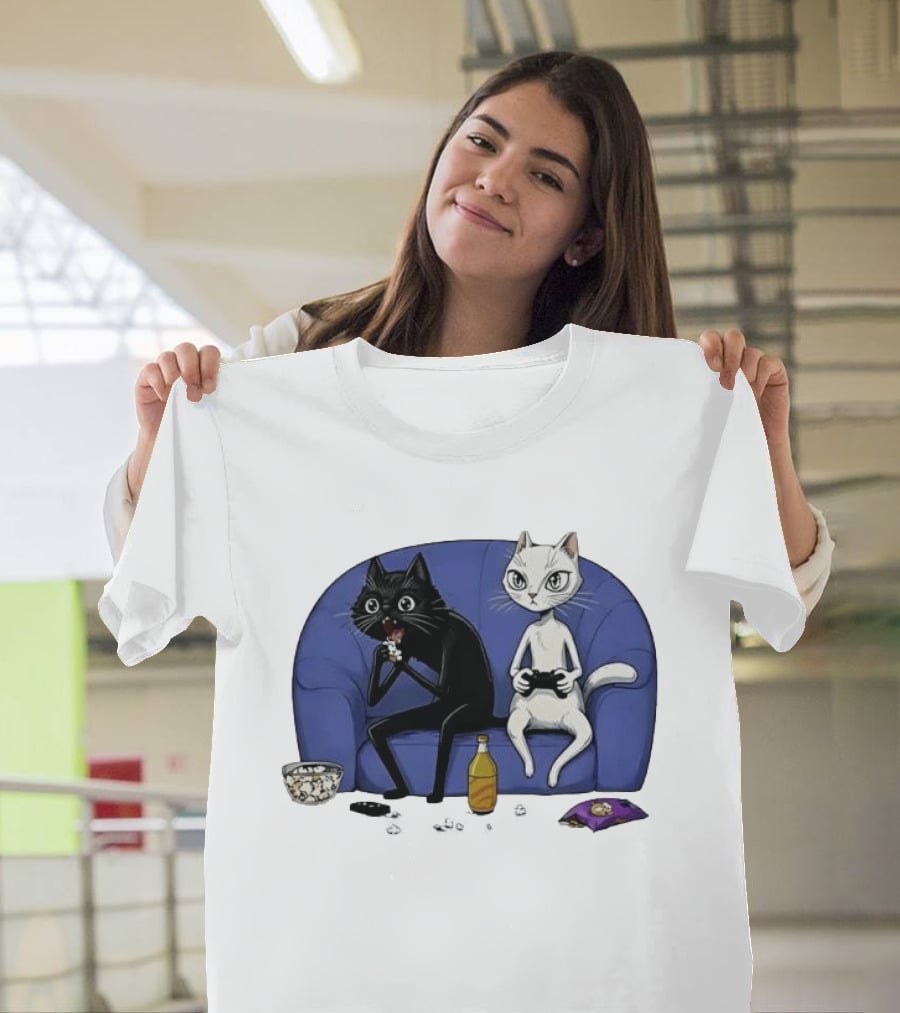 Two Cats One Couch Endless Fun Playing Games With Snacks And Popcorn T-Shirt