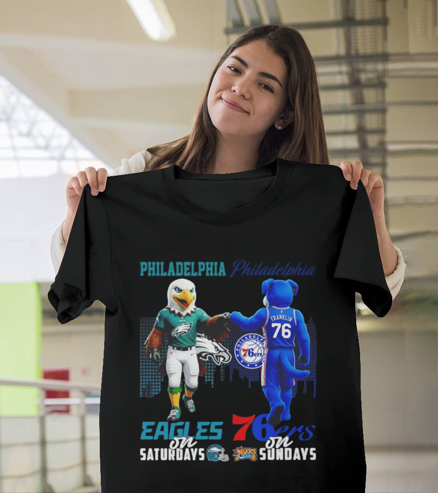 Philadelphia Eagles Vs 76ers Franklin Mascots Saturdays Sundays City Skyline T-Shirt