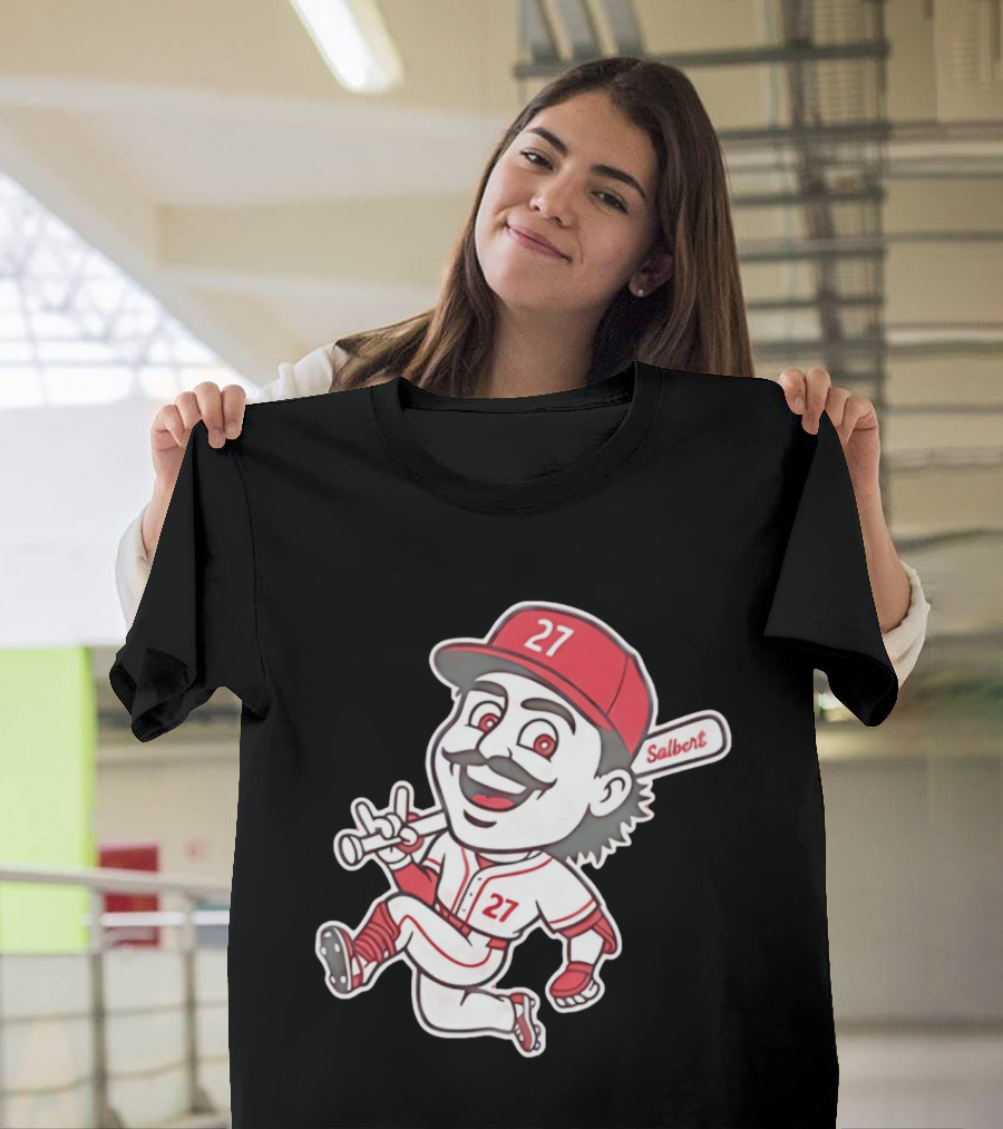 Cincinnati Reds Sal Stewart Number 27 Cartoon Player With Salbert Bat T-Shirt