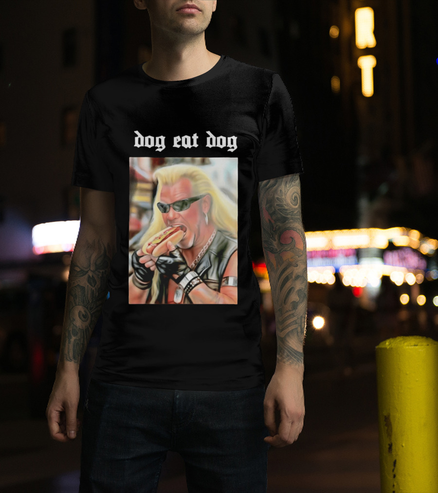 Dog Eat Dog Man Eating Hot Dog Sunglasses Blonde Long Hair T-Shirt