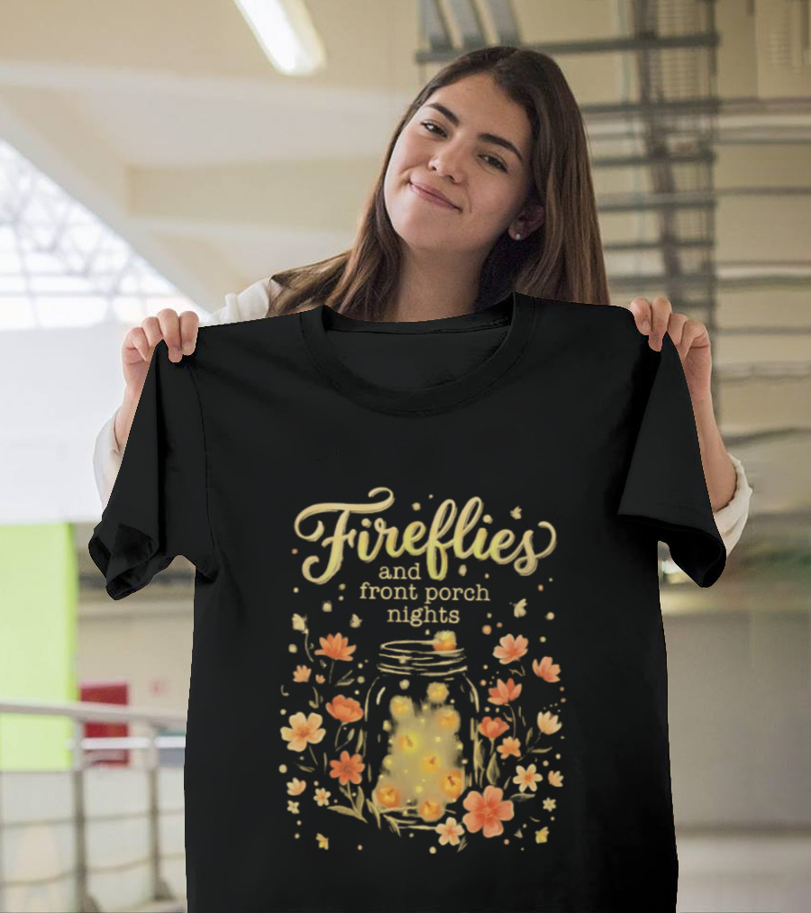 Fireflies And Front Porch Nights Rustic Mason Jar Fireflies Floral T-Shirt