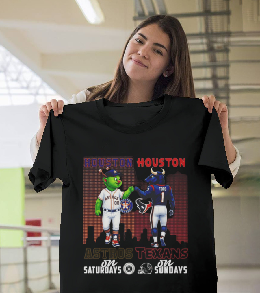 Houston Astros Orbit And Houston Texans Toro Skyline Saturdays Vs Sundays T-Shirt