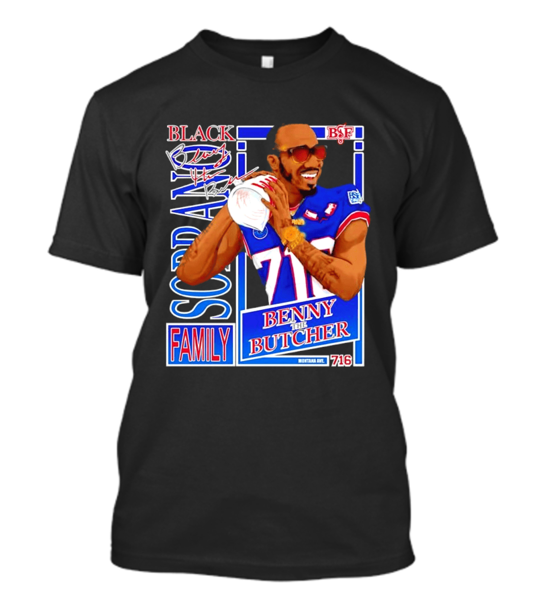 Benny The Butcher Black Soprano Family Buffalo Bills 716 Montana Ave T-Shirt