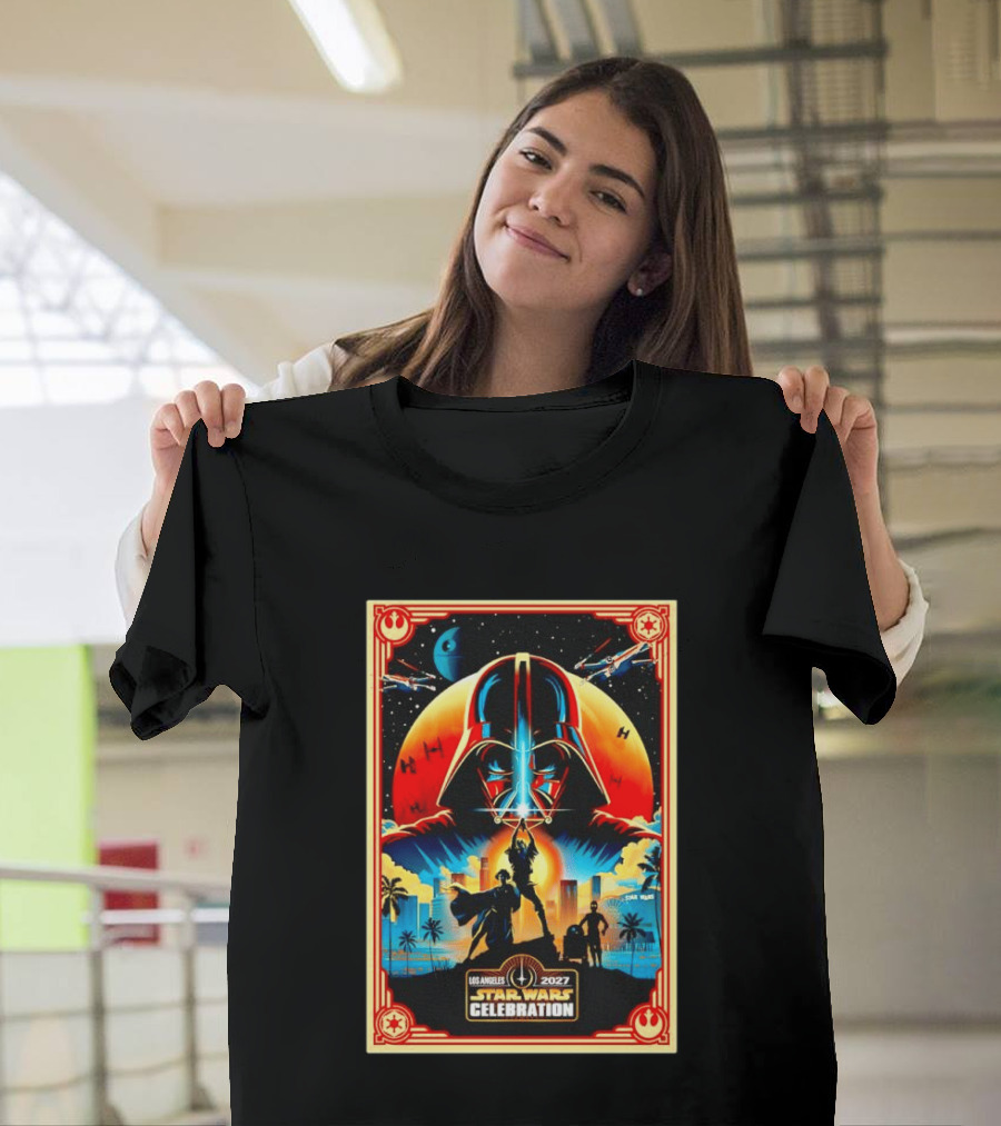 Star Wars Celebration Los Angeles 2027 50th Anniversary Darth Vader Millennium Falcon TIE Fighters X Wings T-Shirt