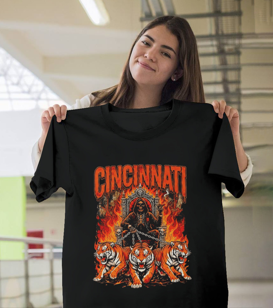Cincinnati Skull Tiger Throne Fire Chains T-Shirt