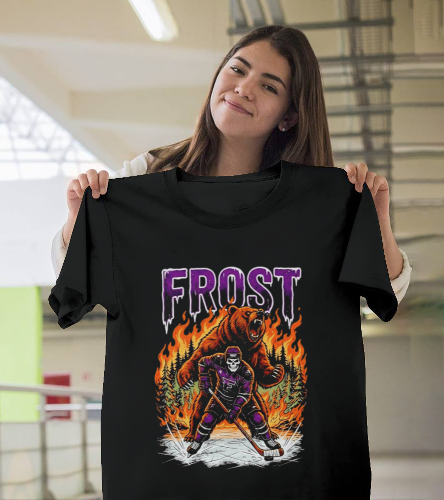 Frost Minnesota Hockey Skull Bear Flames Ice Rink T-Shirt