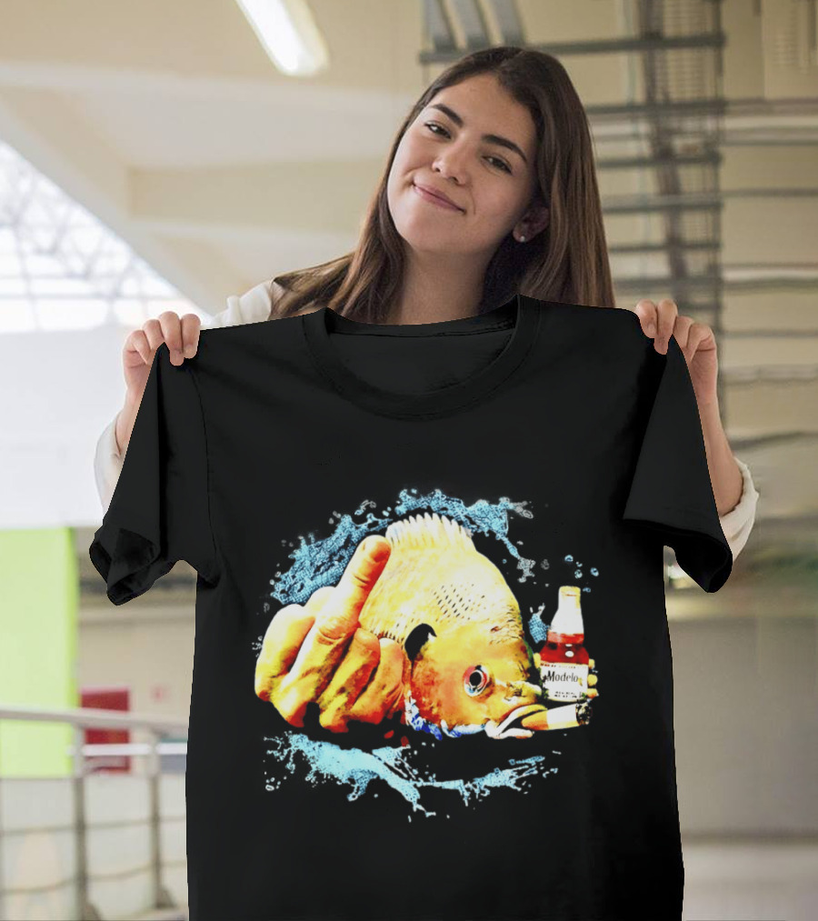 Modelo Beer Fish Smoking Cigarette Middle Finger T-Shirt