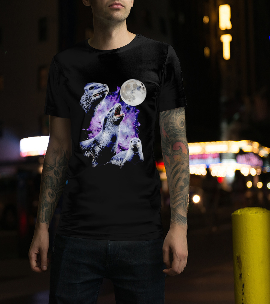 Three Leopard Seals Under Moonlight With Starry Purple Night Sky T-Shirt